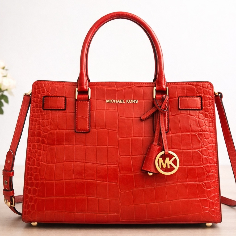 Michael Kors Dillon Large Tote Red Croc Embossed Leather Gold MK Charm
